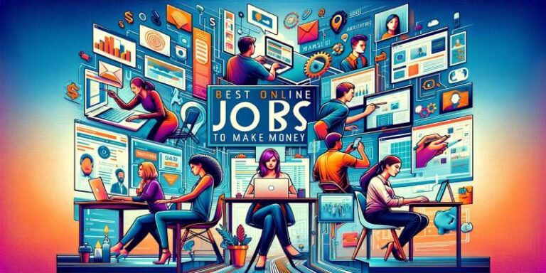A vibrant and professional blog post cover for 'Best Online Jobs to Make Money', featuring a collage of diverse individuals engaged in various online jobs. There's a person working on a laptop, another focused on graphic design, a virtual assistant organizing schedules, and someone doing data entry, all set against a modern, digital background. The title is prominently displayed in bold, clear font.